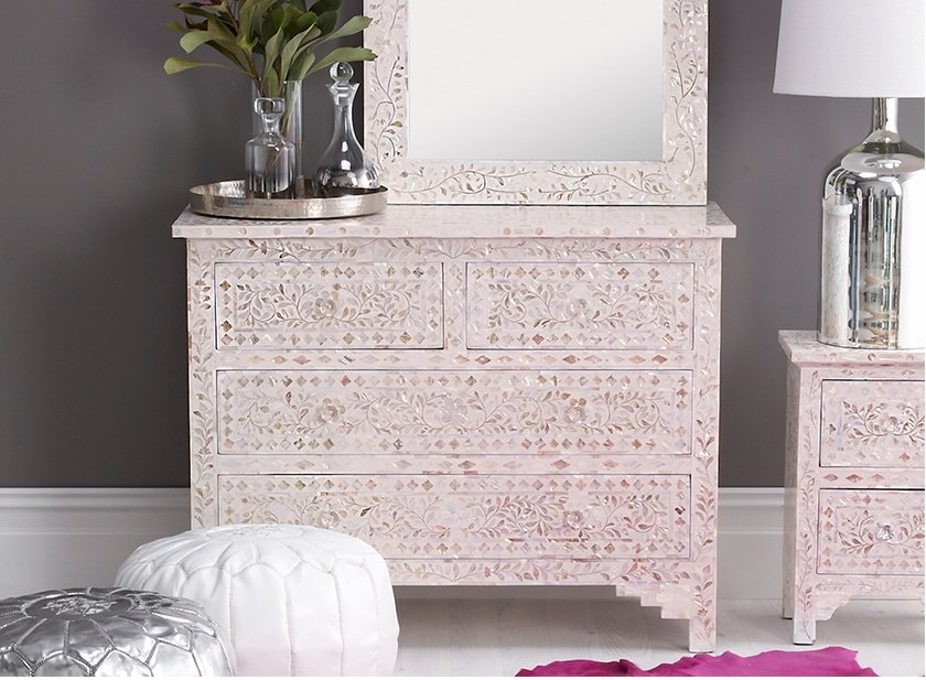 white mother of peral inlay chest of drawre, mop inlay furniture, inlay furniture, zohi furniture, zohi interior, 